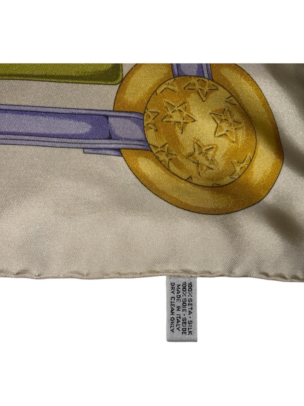 Celine Silk Scarf in Cream, Green & Purple with Gold Motif